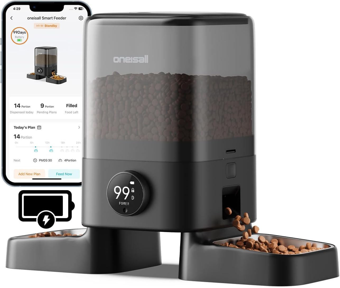 oneisall 2.4G Cordless Automatic Cat Feeder, 20 Cups/5L
